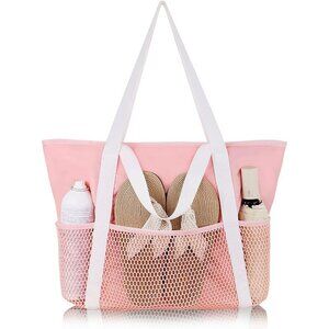 Women Pink Beach Bag Large Waterproof Sandproof Foldable Tote With Zipper Mesh